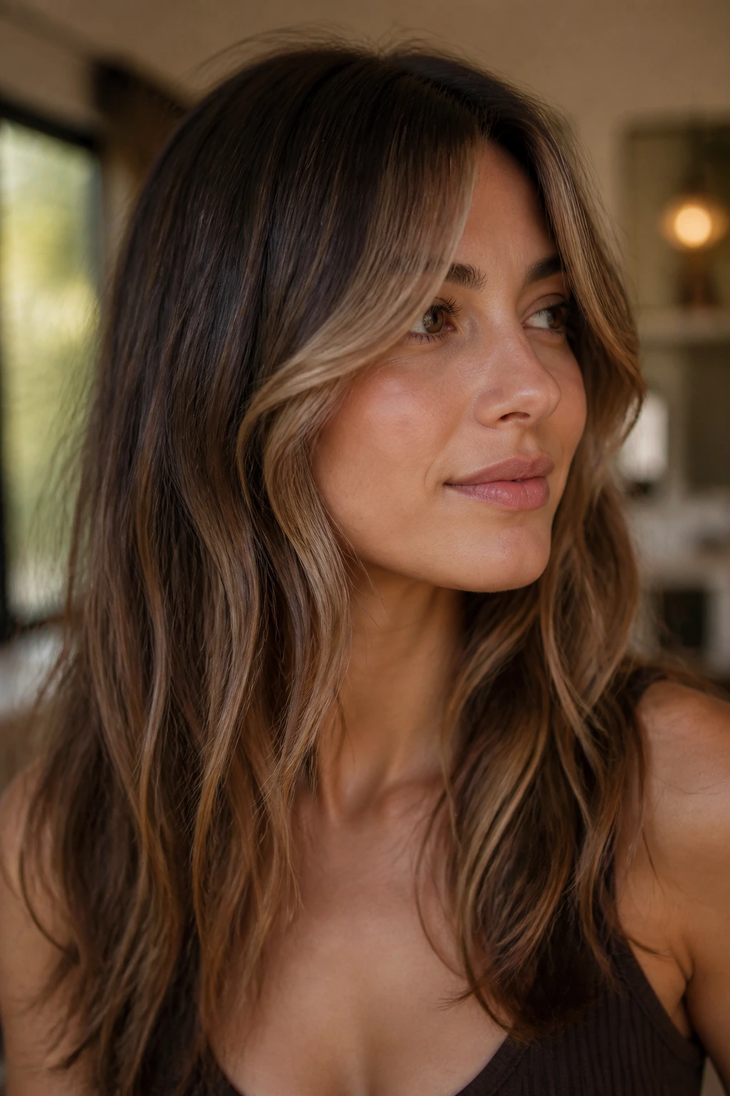 Real person with mocha curtain-bang highlights framing the face