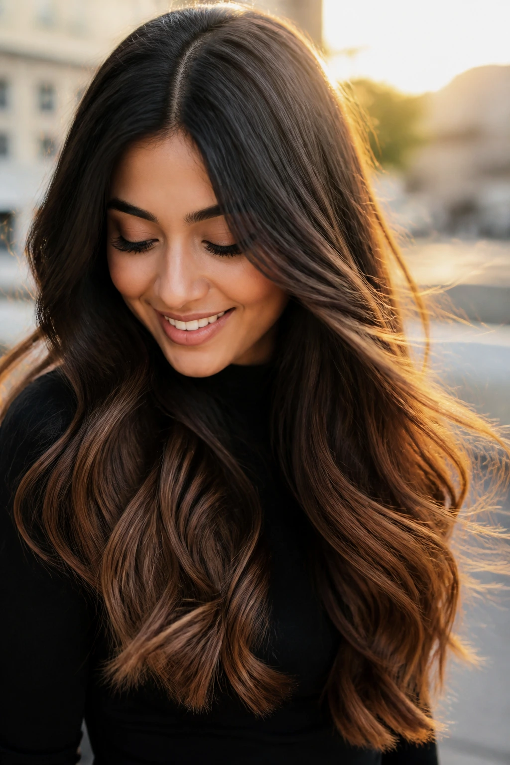 Portrait of a real woman with warm mocha ends and dark roots in long hair outdoors at golden hour