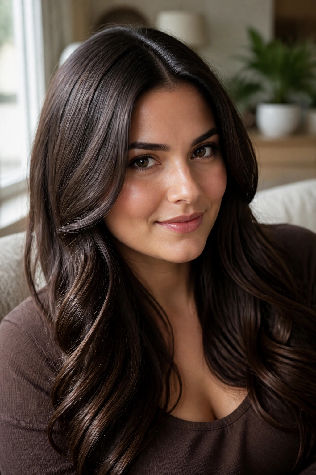 Close-up portrait of a real woman with mocha gloss hair