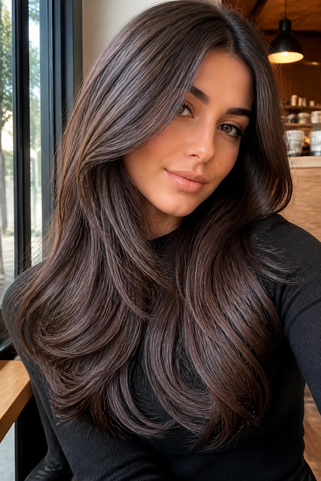 Close-up of a real woman with mocha brown gloss on long layers in cool brunette tones