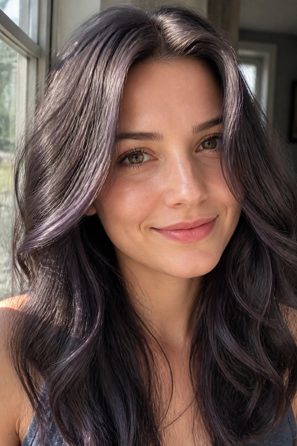 Close-up portrait of a real woman with mocha hair tinted blue-violet in natural daylight