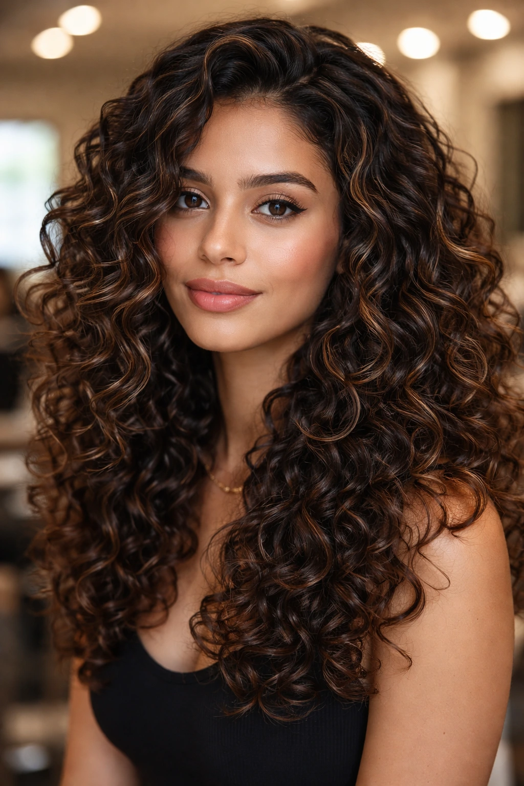 Close-up real woman with mochas highlights on curls in salon lighting