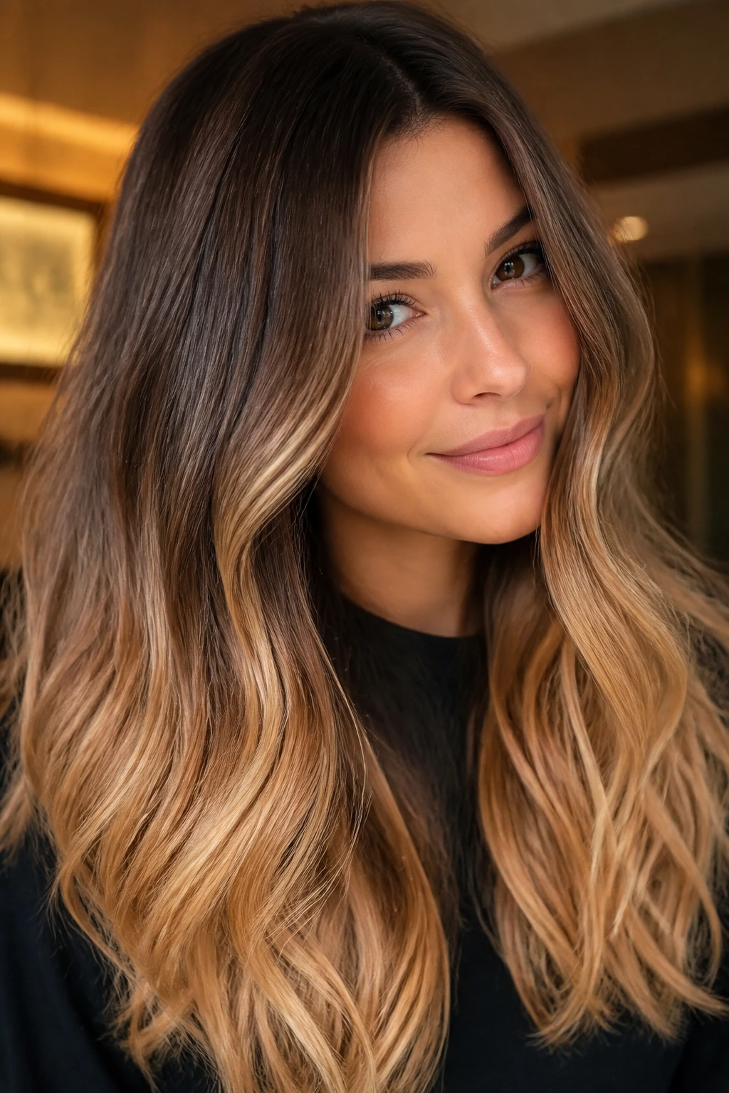 Close-up portrait of a real woman with mocha to honey blonde gradient hair