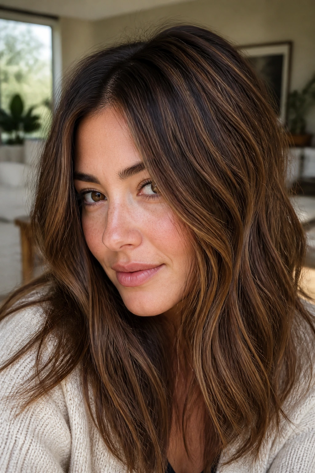 Close-up portrait of a real woman with mocha honey brown babylights