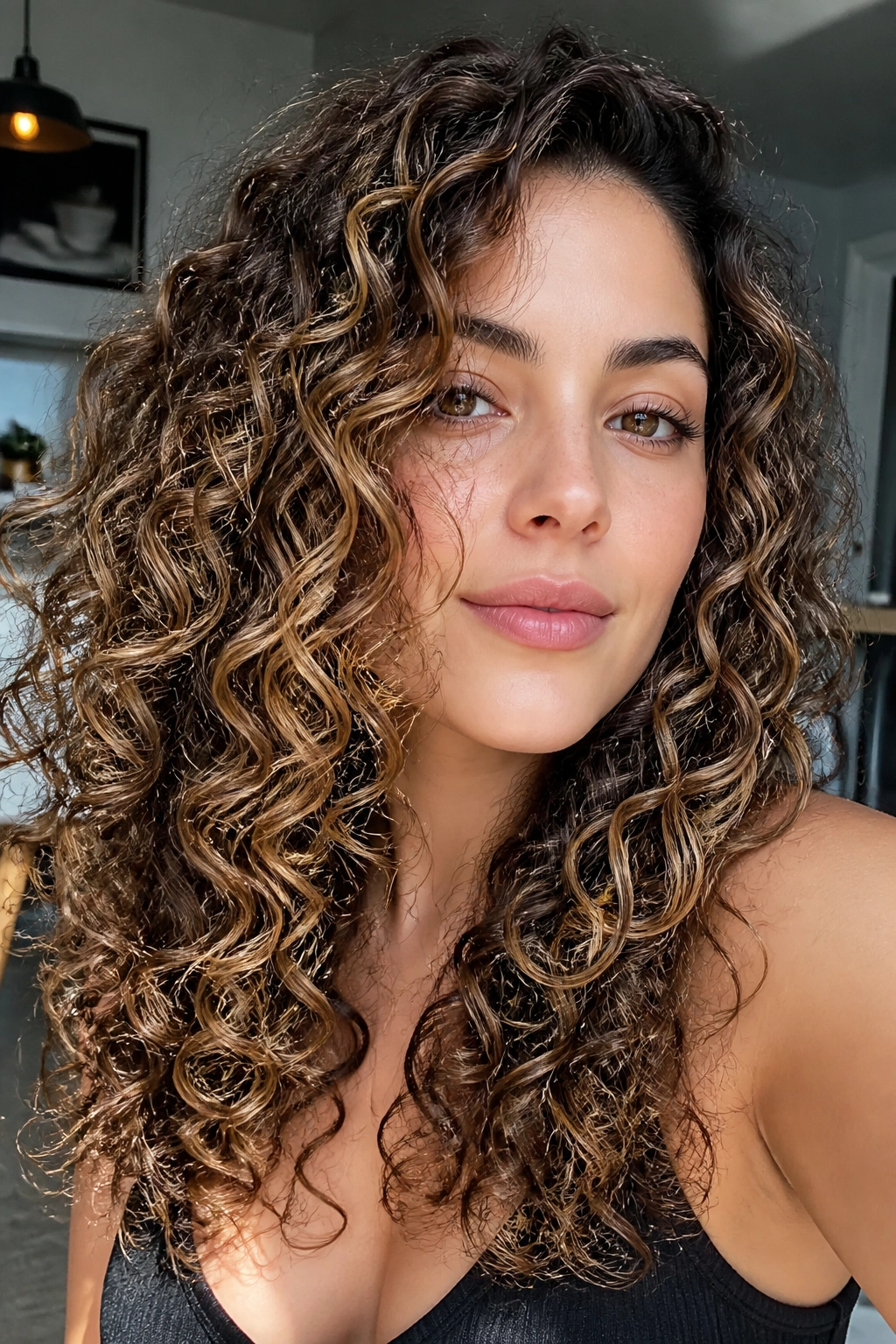 Portrait of a real person with mocha base and honey caramel ribbon curls