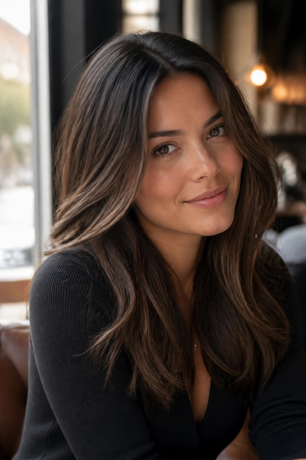Close-up of brunette with mocha lowlights for soft dimension in natural light