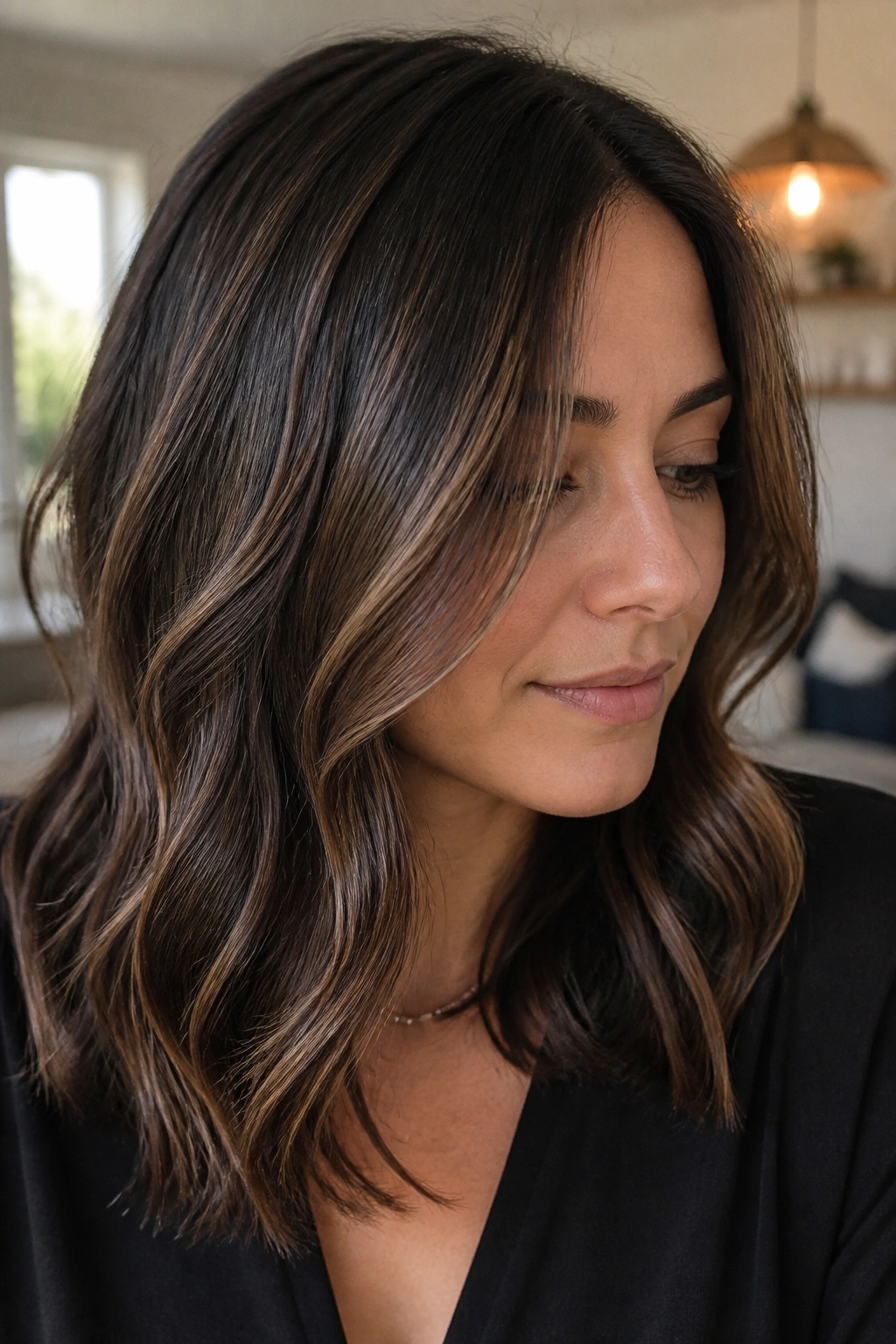 Portrait of brunette hair with mocha lowlights along the perimeter
