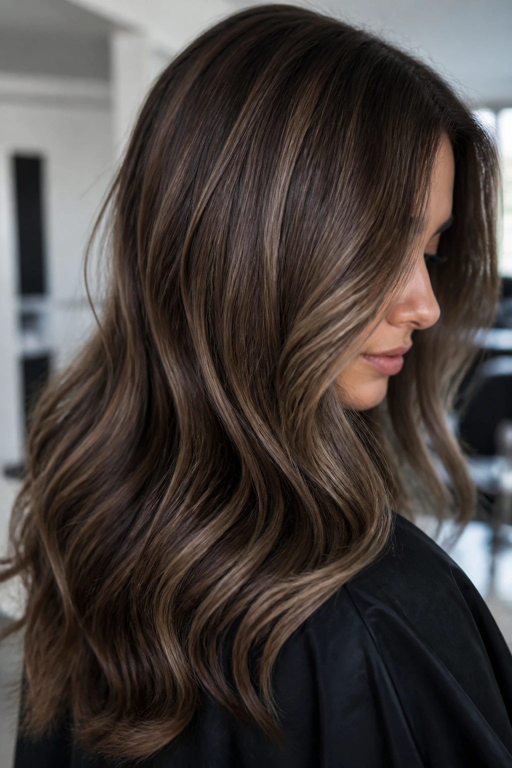 Portrait of brunette with mocha lowlights under cool daylight