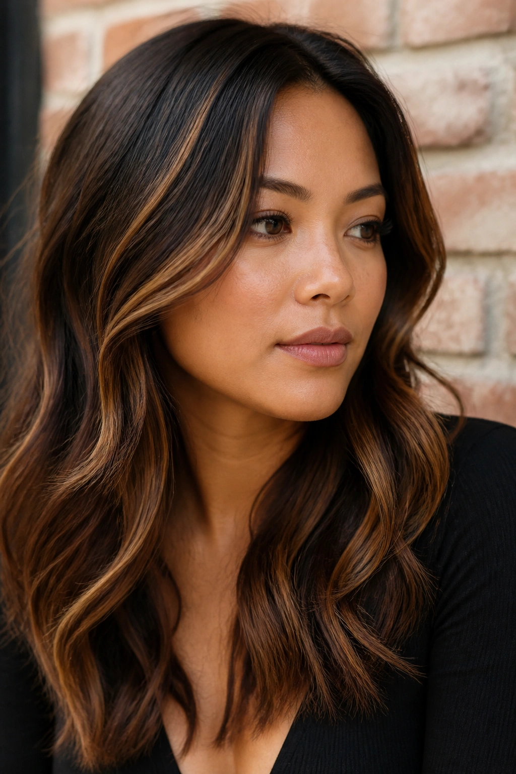 Real woman displaying mocha lowlights and narrow caramel ribbons framing the face.