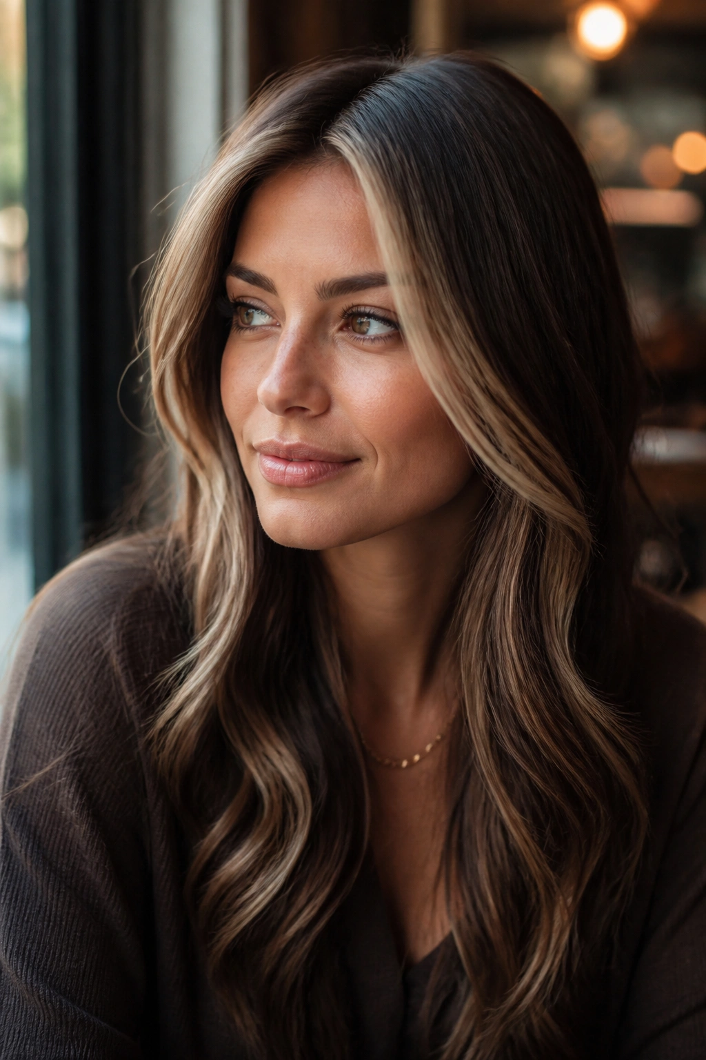 Close-up portrait of a real woman with deep mocha lowlights and light front panel