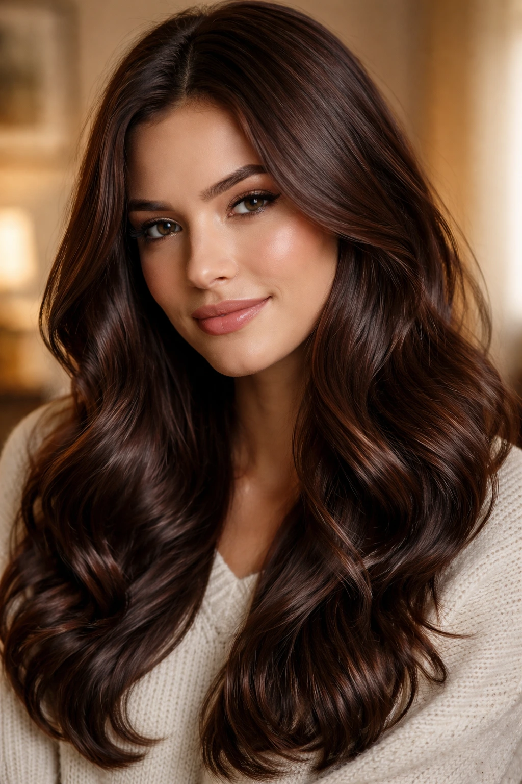 Close-up of brunette hair with mocha-mahogany gloss and soft reflections