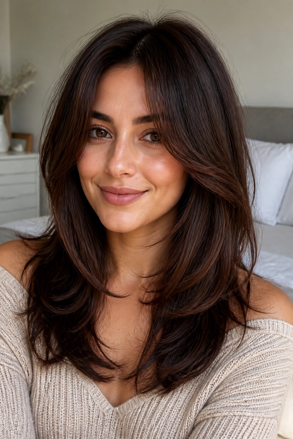 Close-up portrait of a real woman with mocha mahogany hair and feathered face-framing layers