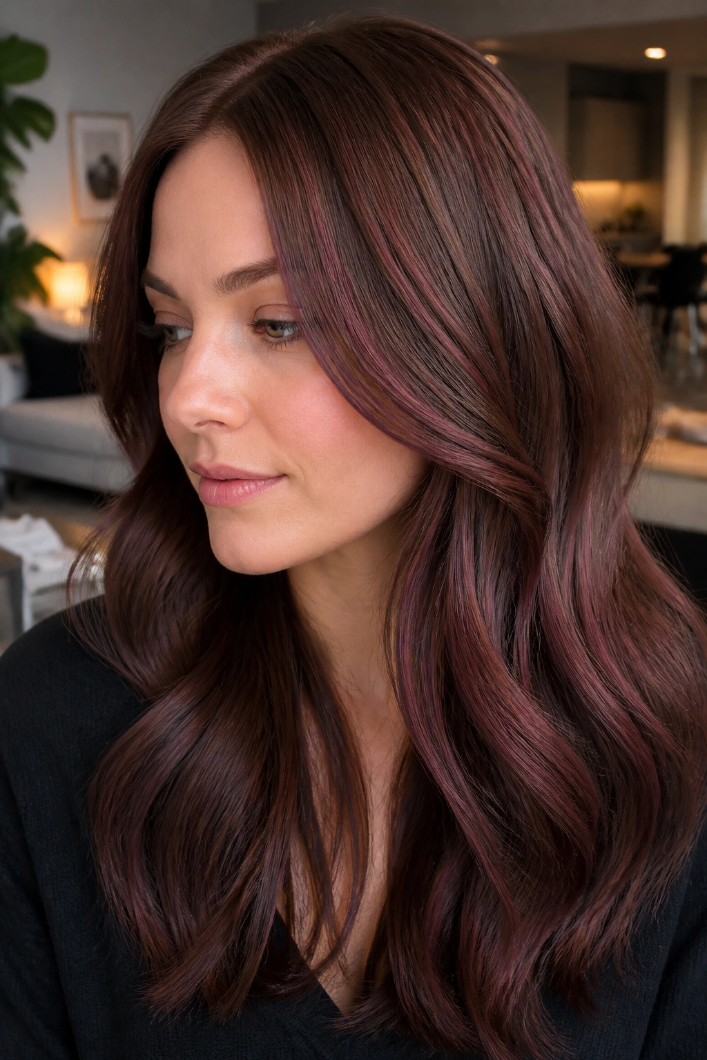 Close-up of a woman with mocha mahogany hair and cool ribbons near the cheeks