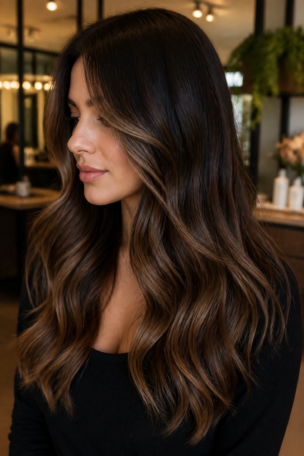 Brunette portrait with mocha melt balayage, subtle gradient and gloss.