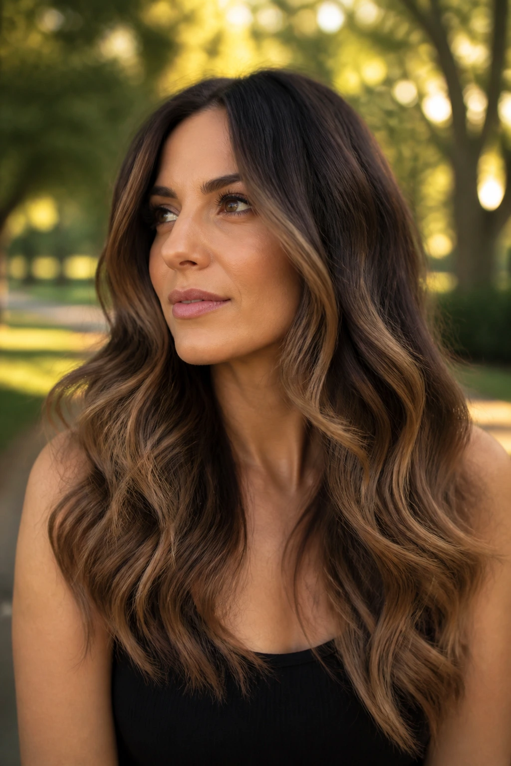 Real woman with mocha melt balayage in long waves under golden-hour sun