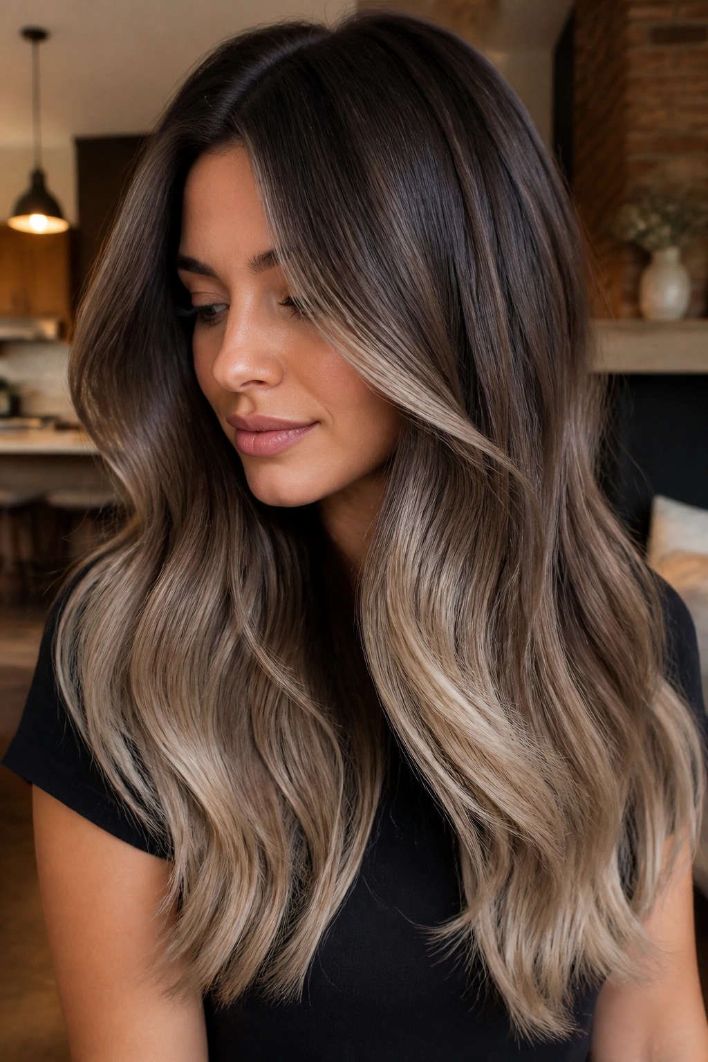 Close-up portrait of a real woman showing mocha to beige melt with soft ends on brown hair.
