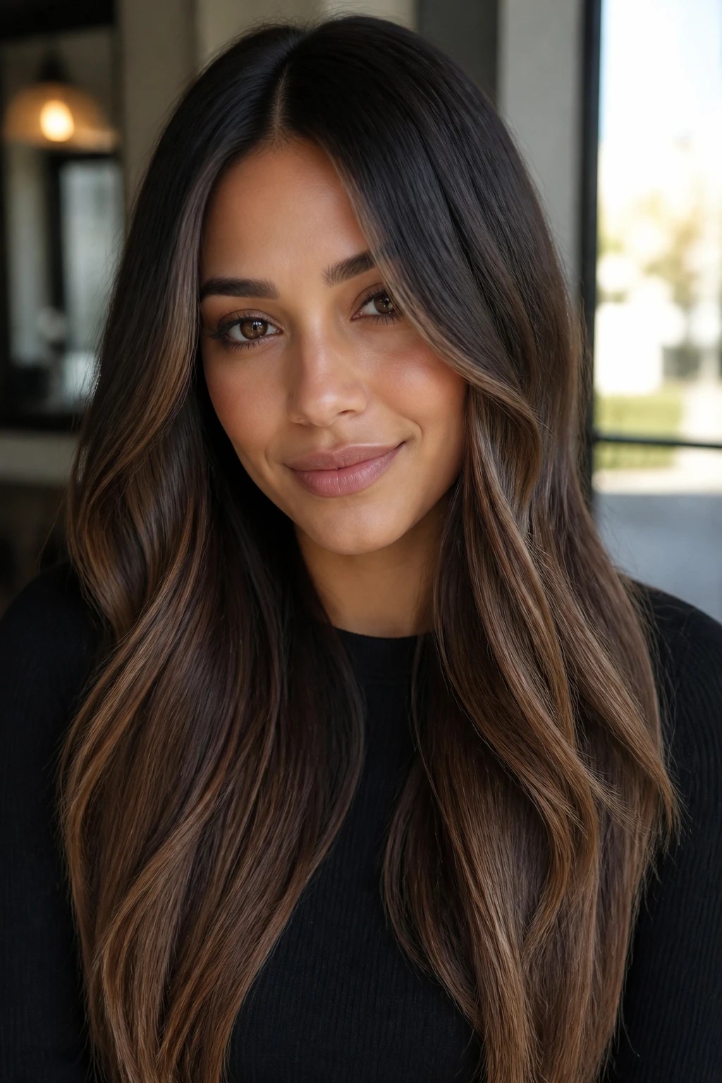 Portrait of a real woman with mocha melt, center part, long layers