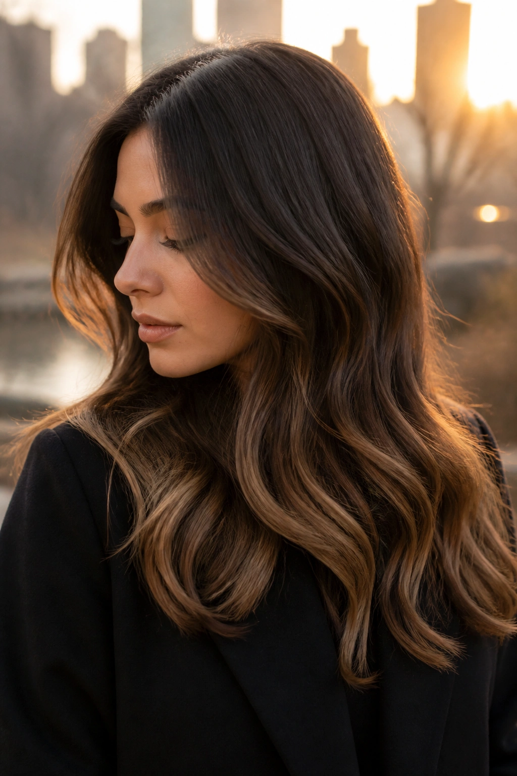 Close-up of a woman with a warm mocha melt color from crown to ends.