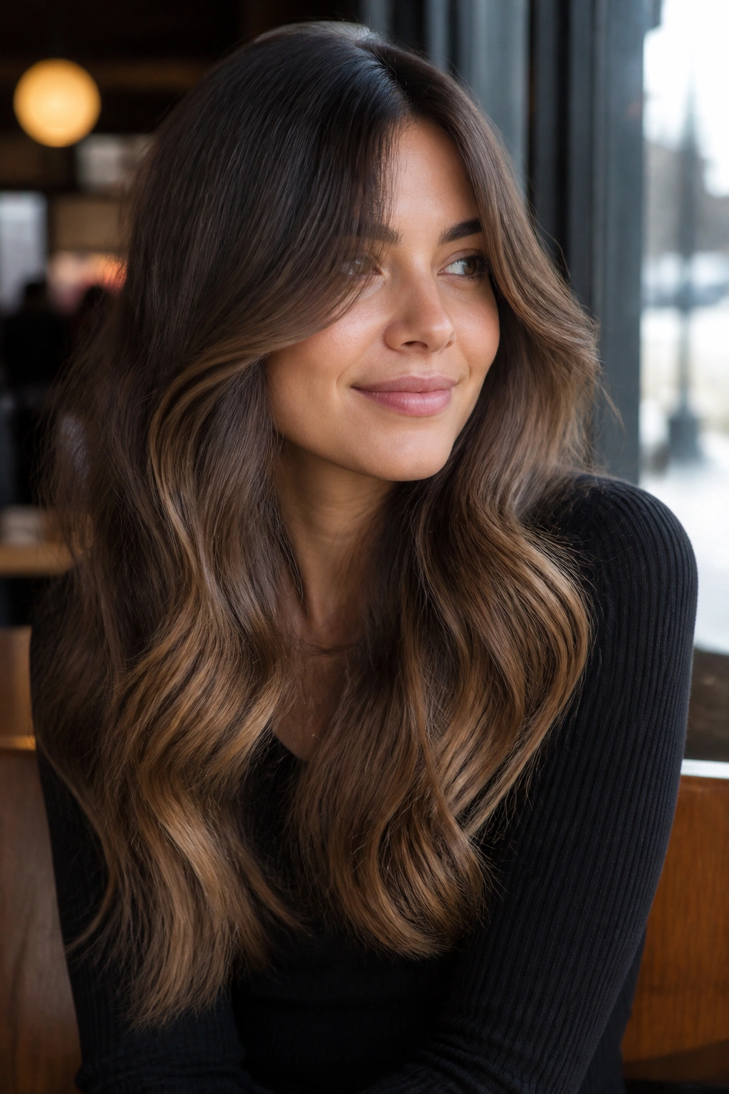 Close-up of a real woman with mocha melt and curtain bangs