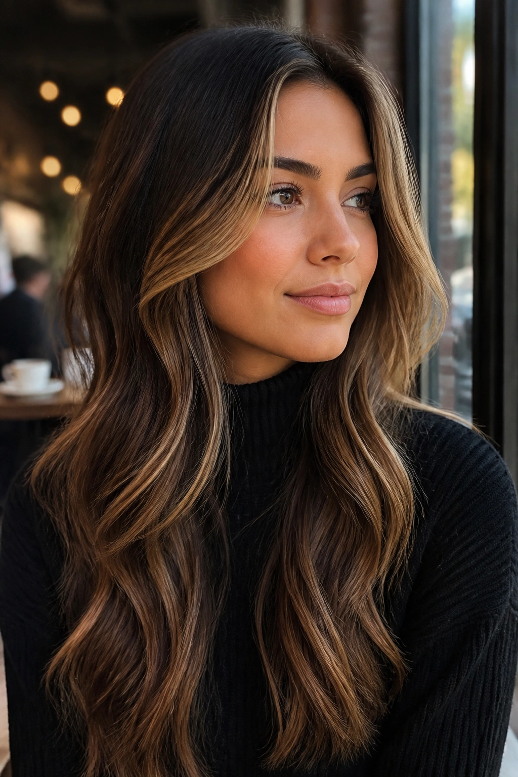 Close-up of a real woman's mochas melt hairstyle with face-framing pieces
