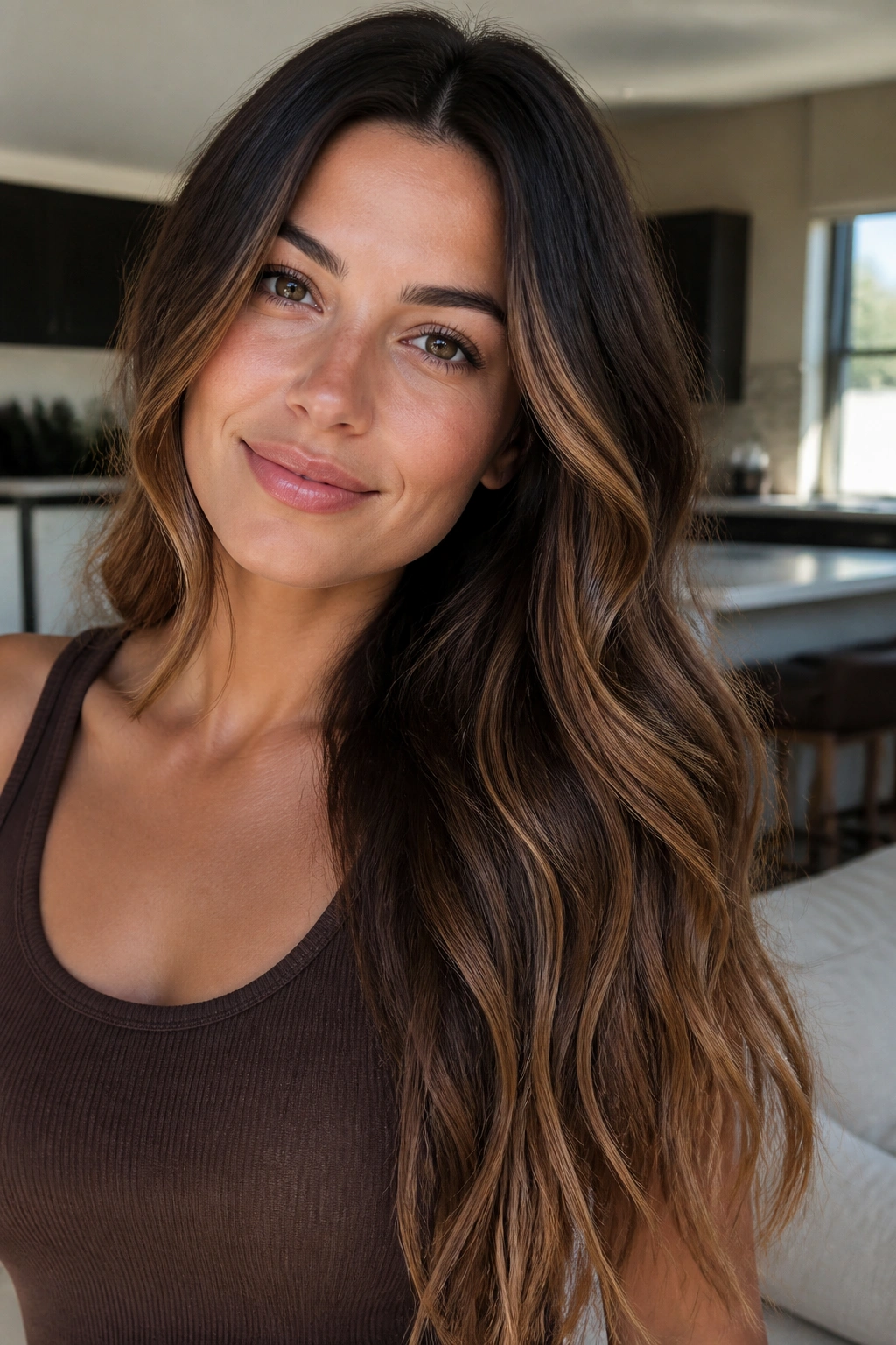 Close-up portrait of a woman with mocha melt gradient hair in bright daylight