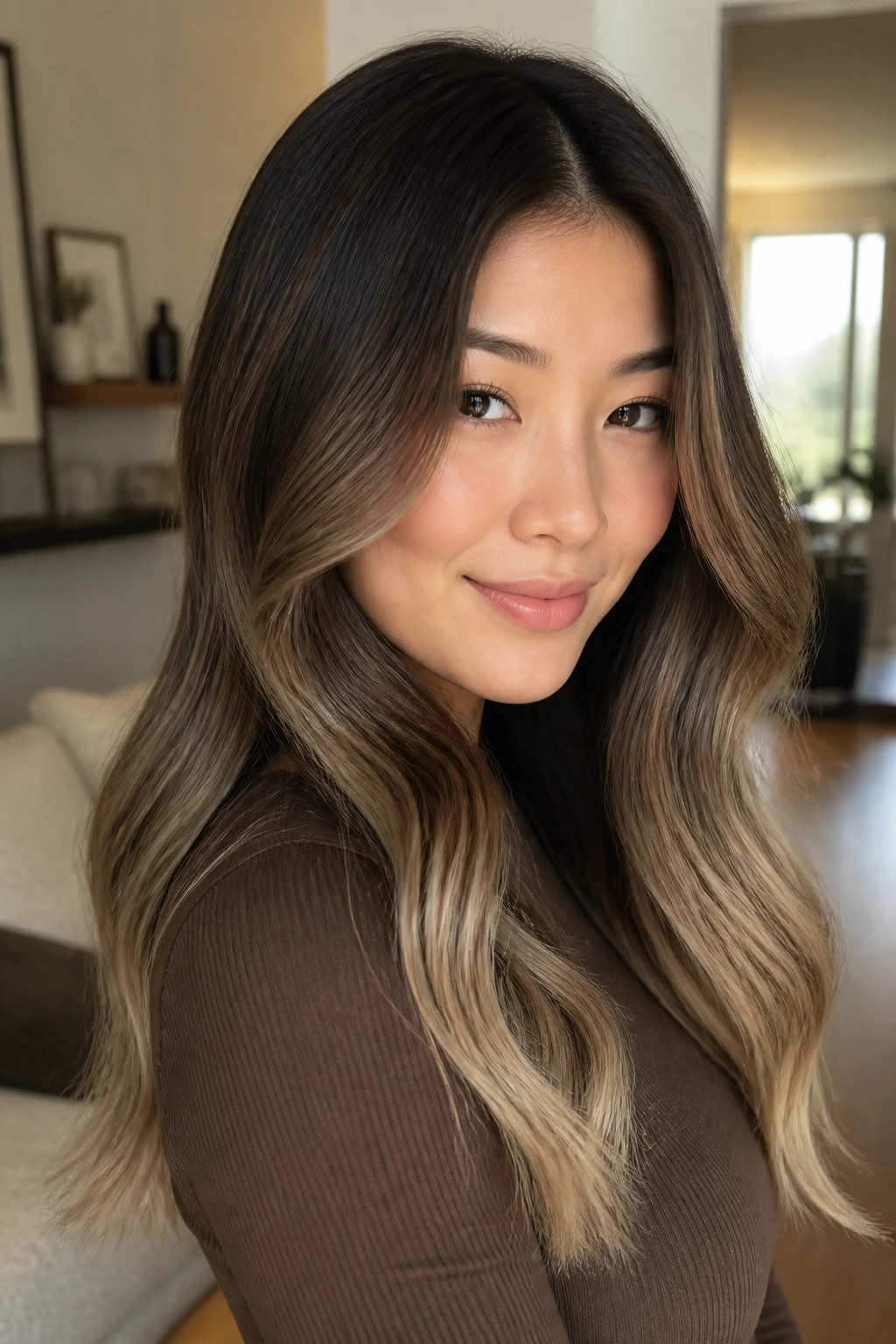 Close-up of a real woman with a mocha melt gradient from dark roots to lighter ends