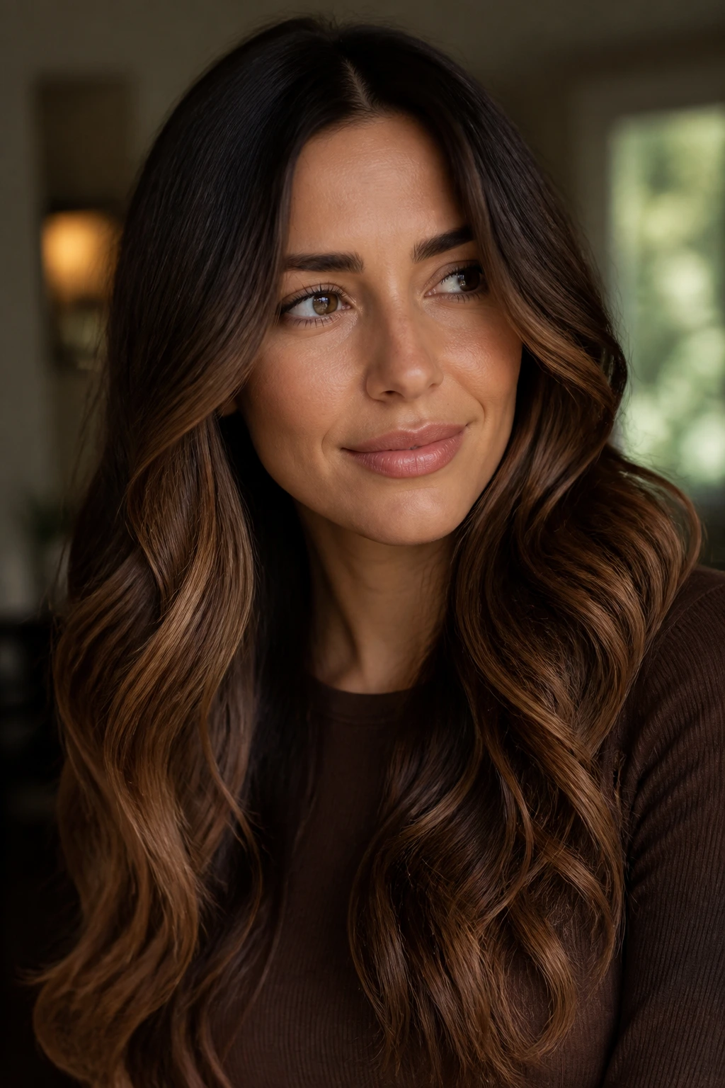 Real woman with warm mocha melt hair gradient from dark to light.