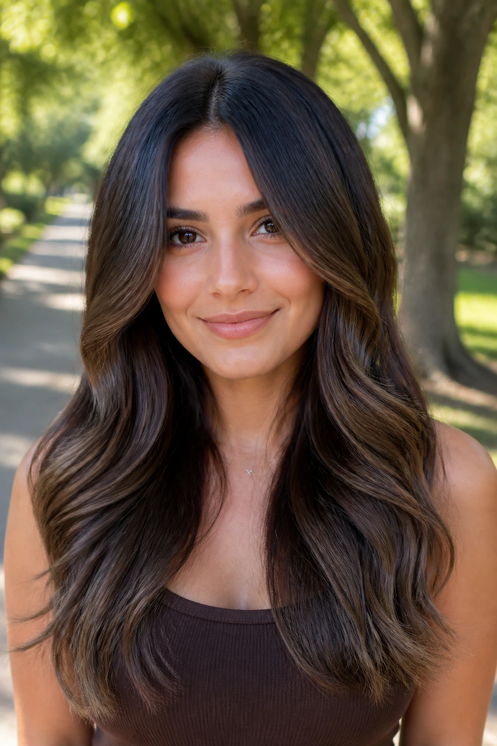 Close-up of a real woman with cool mocha melt hair on a sunny park path.