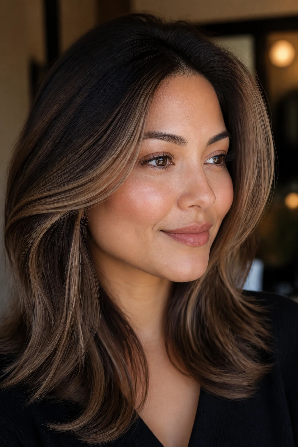Close-up of a real woman's head showing mocha melt around the hairline