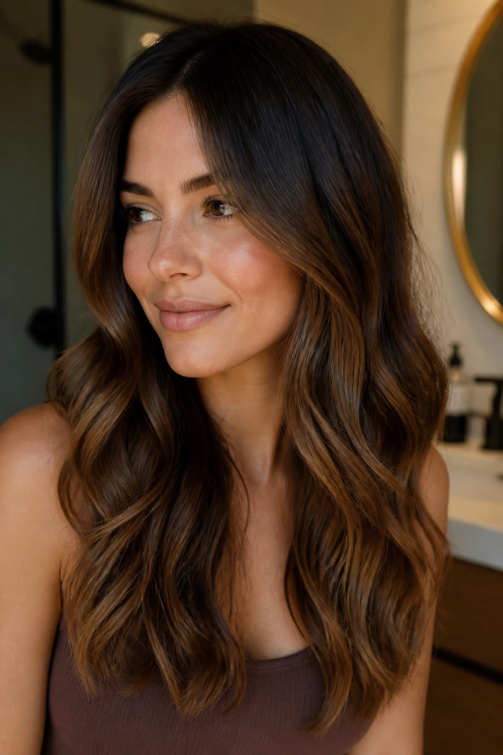 Close-up of a brunette with mocha melt and soft shadow root