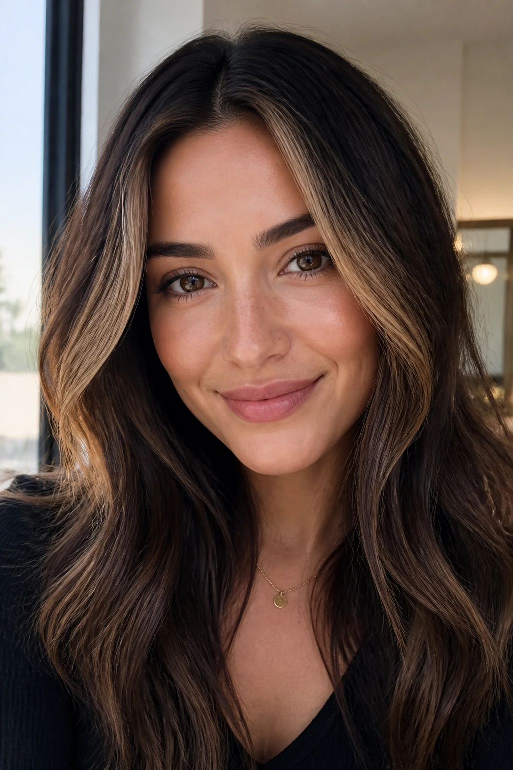 Close-up of mocha money piece framing the face on brown hair