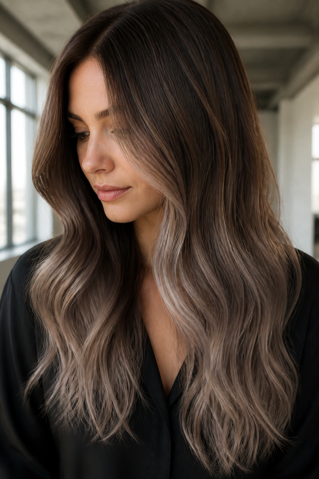 Real woman with mocha melt hair and cool mushroom ends in soft waves