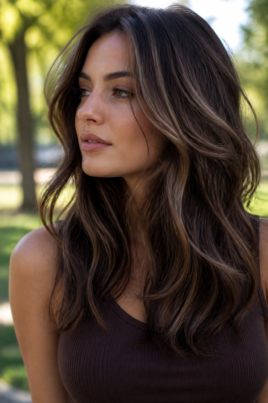 Close-up portrait of a real person with mocha mushroom ribbons in hair.