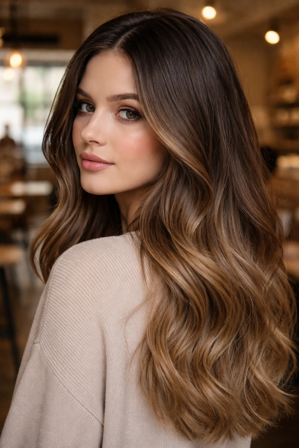 Close-up portrait of a real person with mocha ombré hair showing dark roots to cool brown ends.