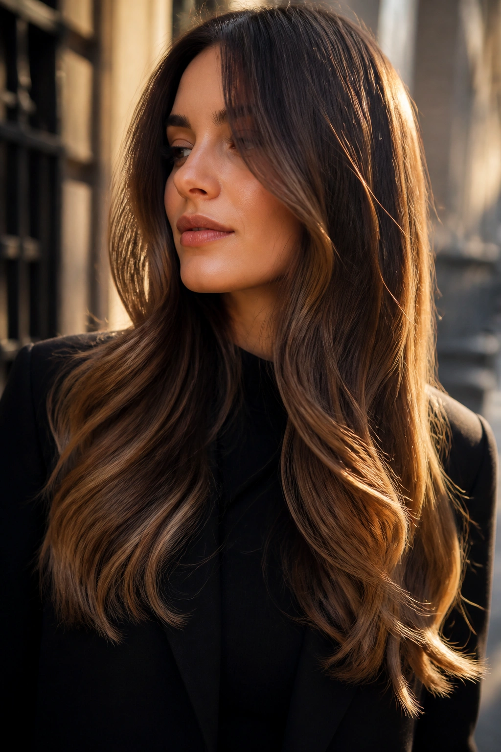 Close-up of long mocha ombre hair with seamless transition on a real woman during golden hour