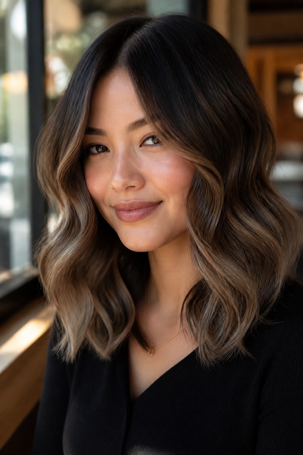 Close-up of a real woman with iced mocha ombre waves in natural cafe light