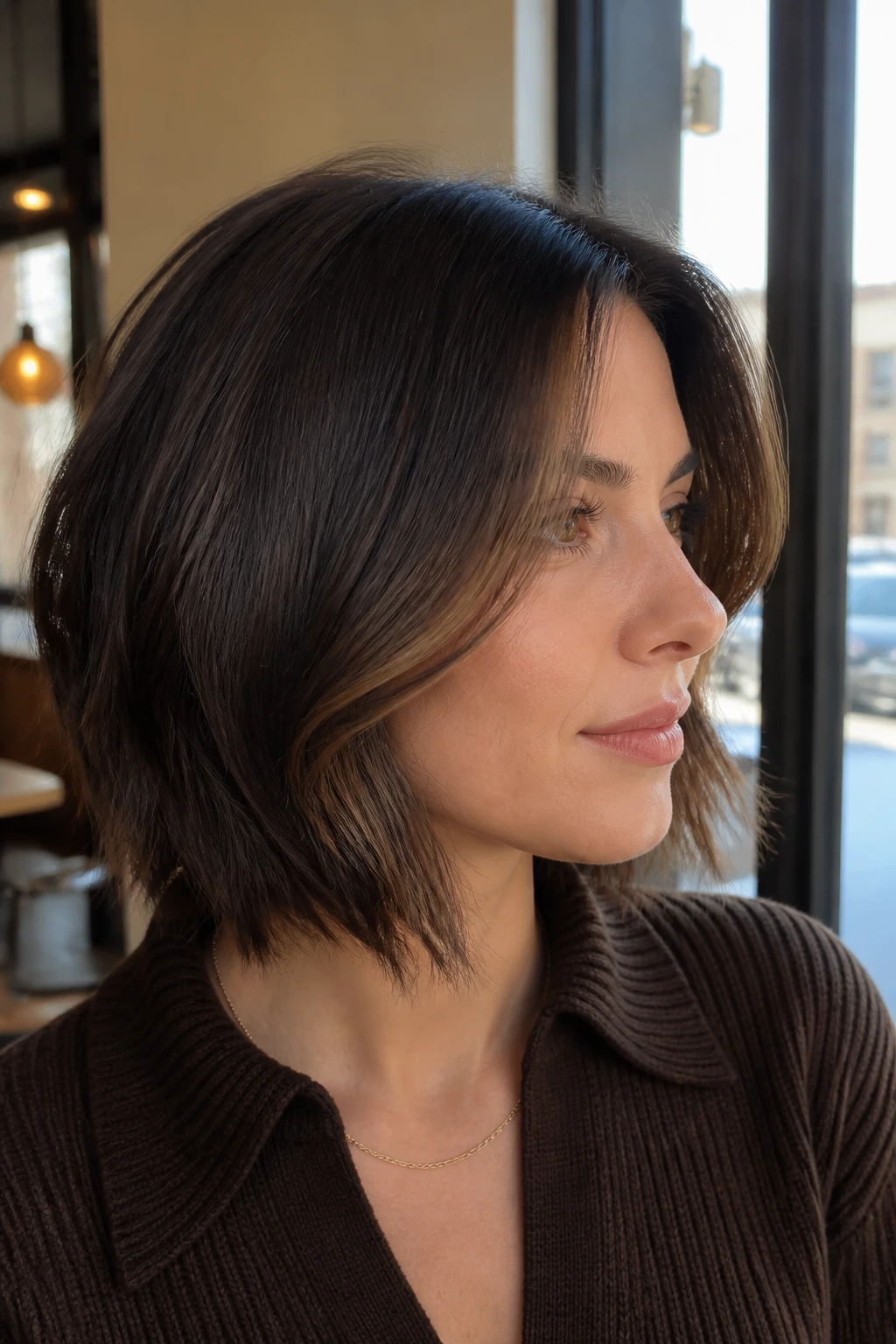 Close-up of short brunette with mocha face-framing panels