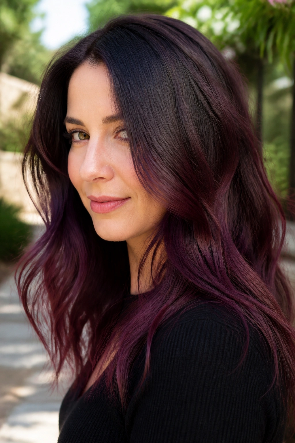 Close-up of a real woman with mocha plum melt hair in a sunlit garden