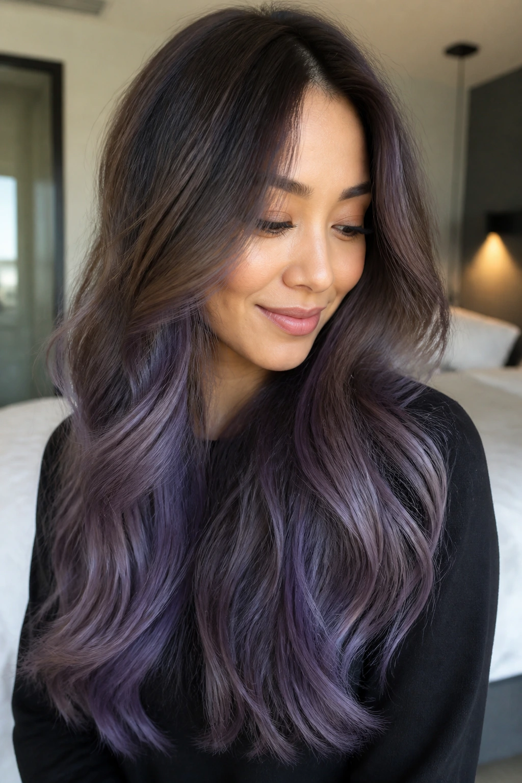 Close-up of a real woman with mocha roots and purple smoke through long hair