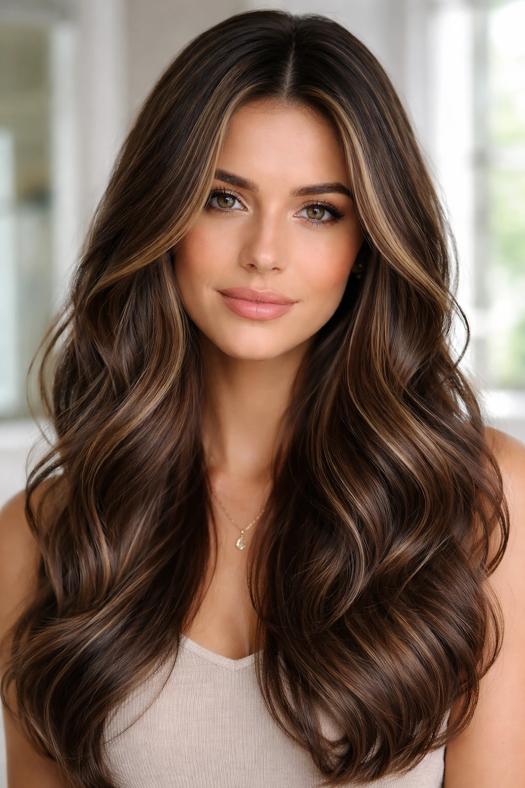 Brunette with polished mocha ribbon highlights close-up portrait.