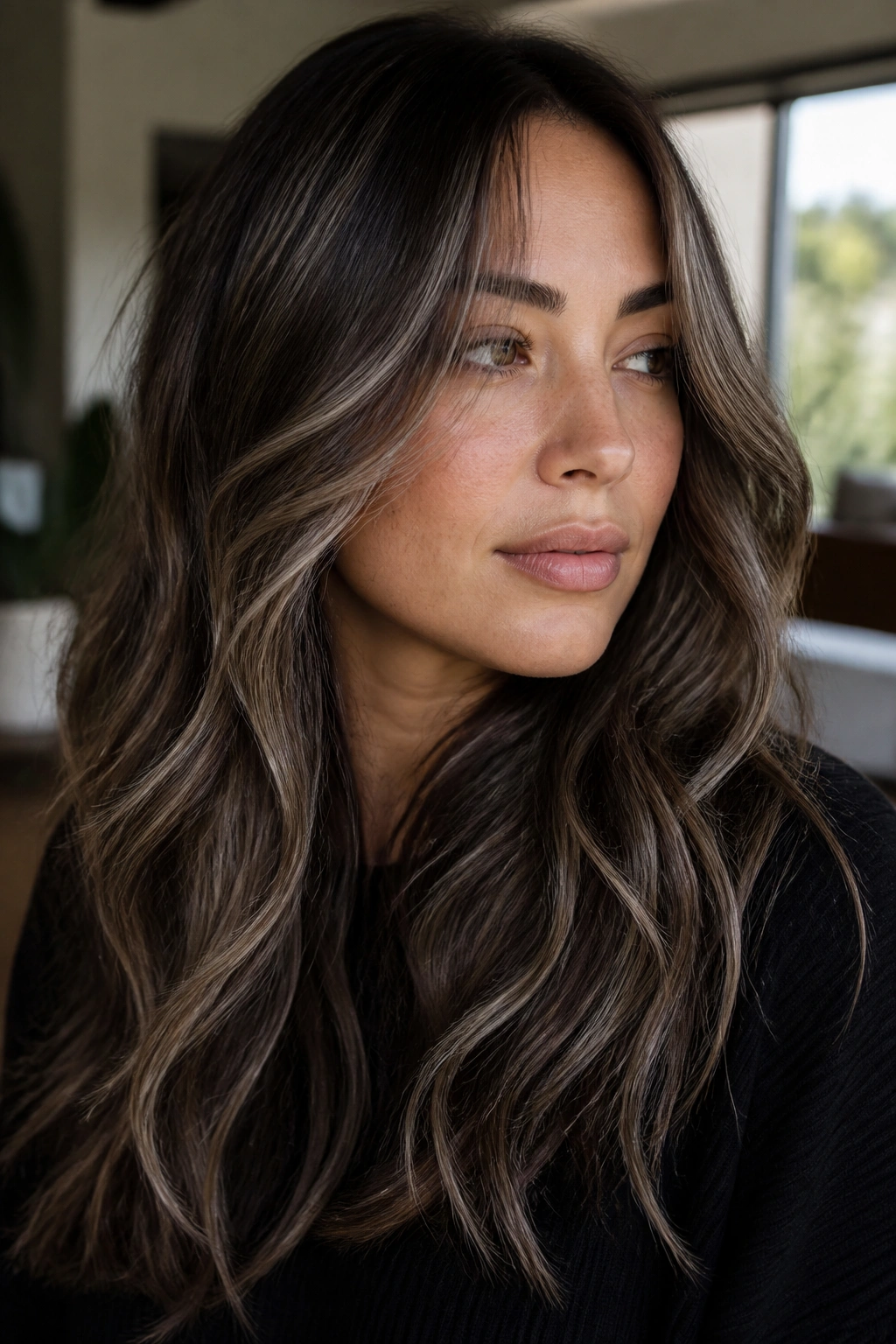 Close-up of a real woman with mocha ribbons woven through long layered hair