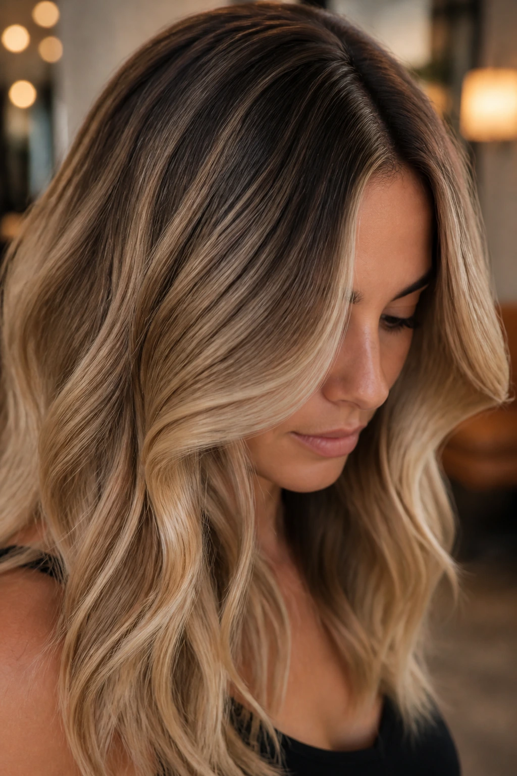 Close-up of mocha root blending into blonde highlights on a real person