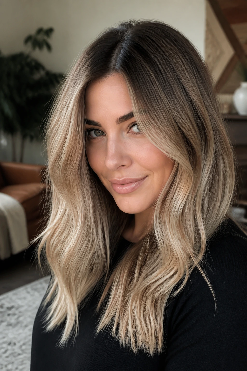 Close-up portrait of a real woman with mocha root blonde melt in warm indoor light