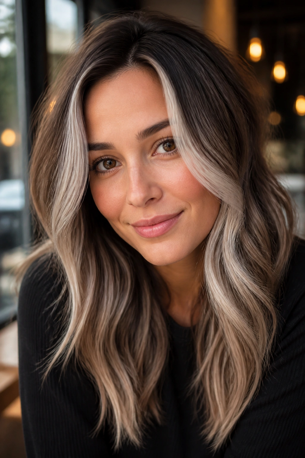 Portrait of a woman with mocha-root hair and icy money pieces framing her face