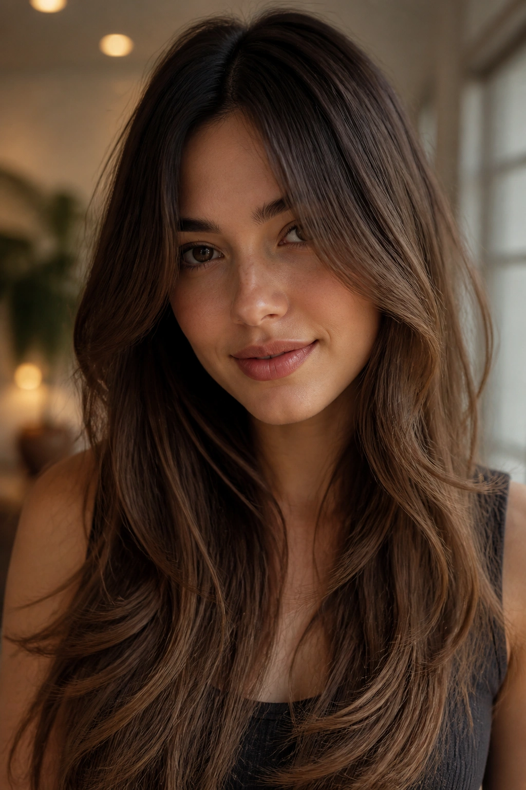 Close-up portrait of mocha-root melt with long curtain layers framing the face