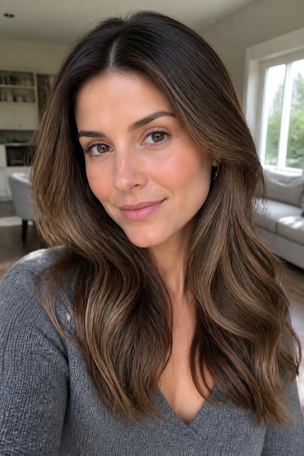 Close-up of a real woman with mocha root shadow coloring