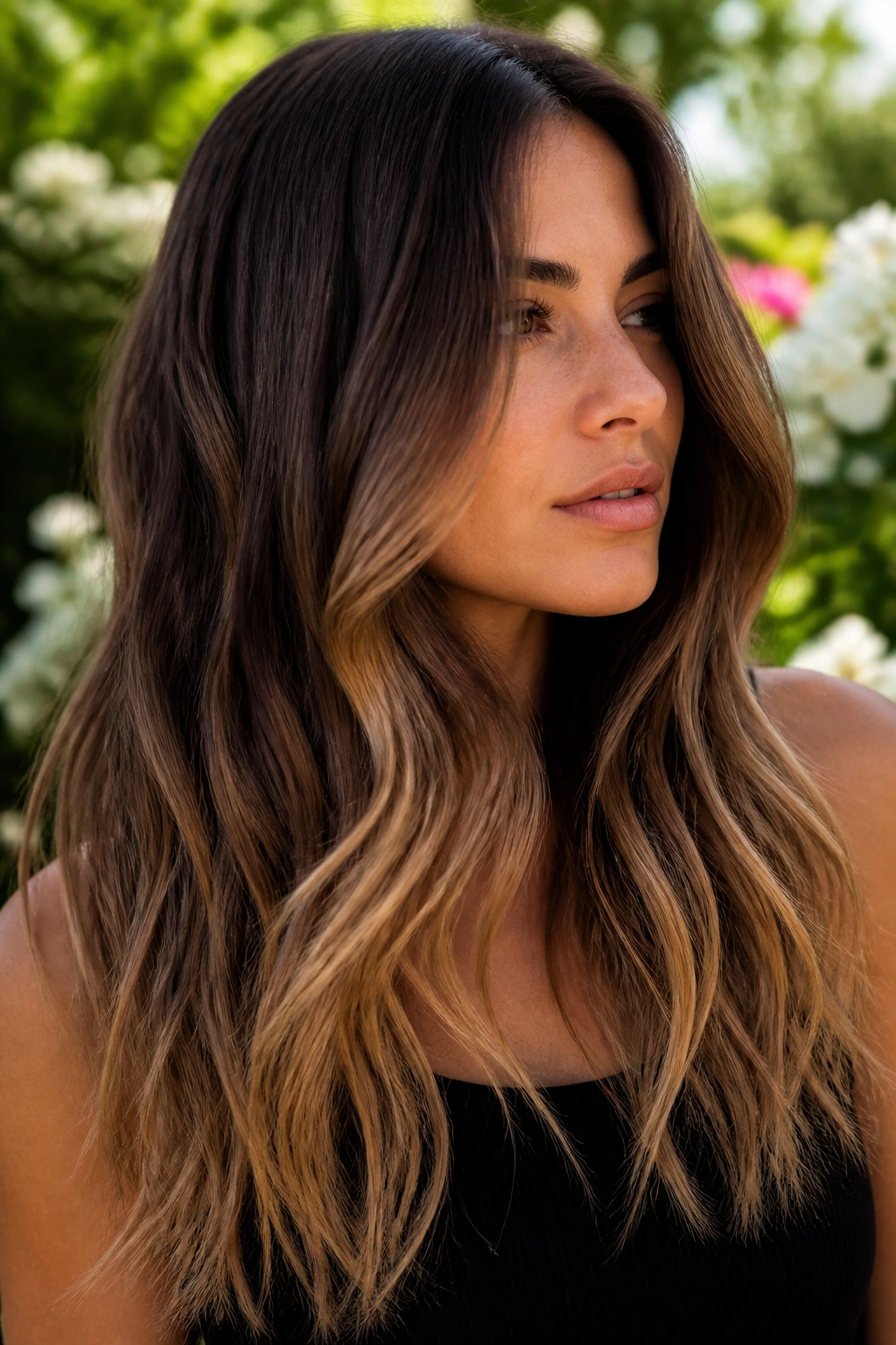 Mocha root shadow toffee ends on long hair in a sunlit garden.