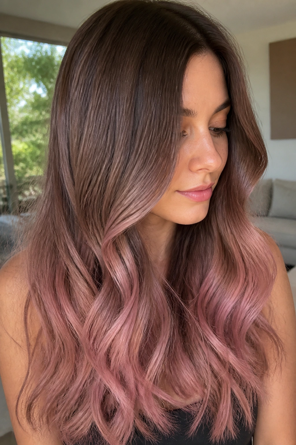 Close-up portrait of a real woman with mocha brown to dusty rose ombre hair