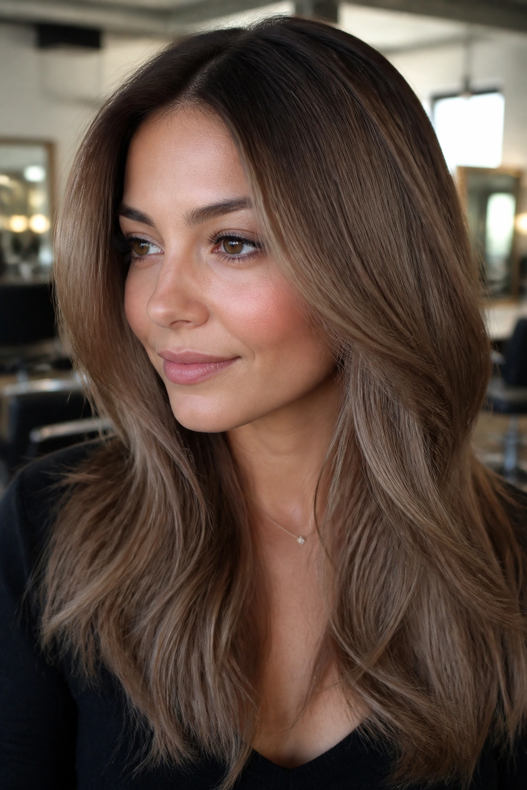 Close-up of a real woman with satin mocha and subtle shadow root