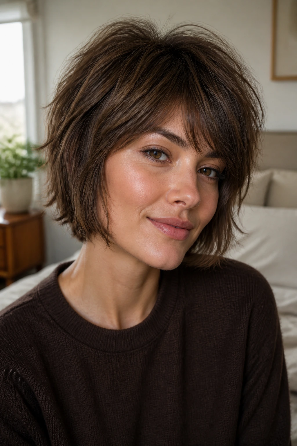 Close-up of a real woman with mocha shaggy bob in soft window light